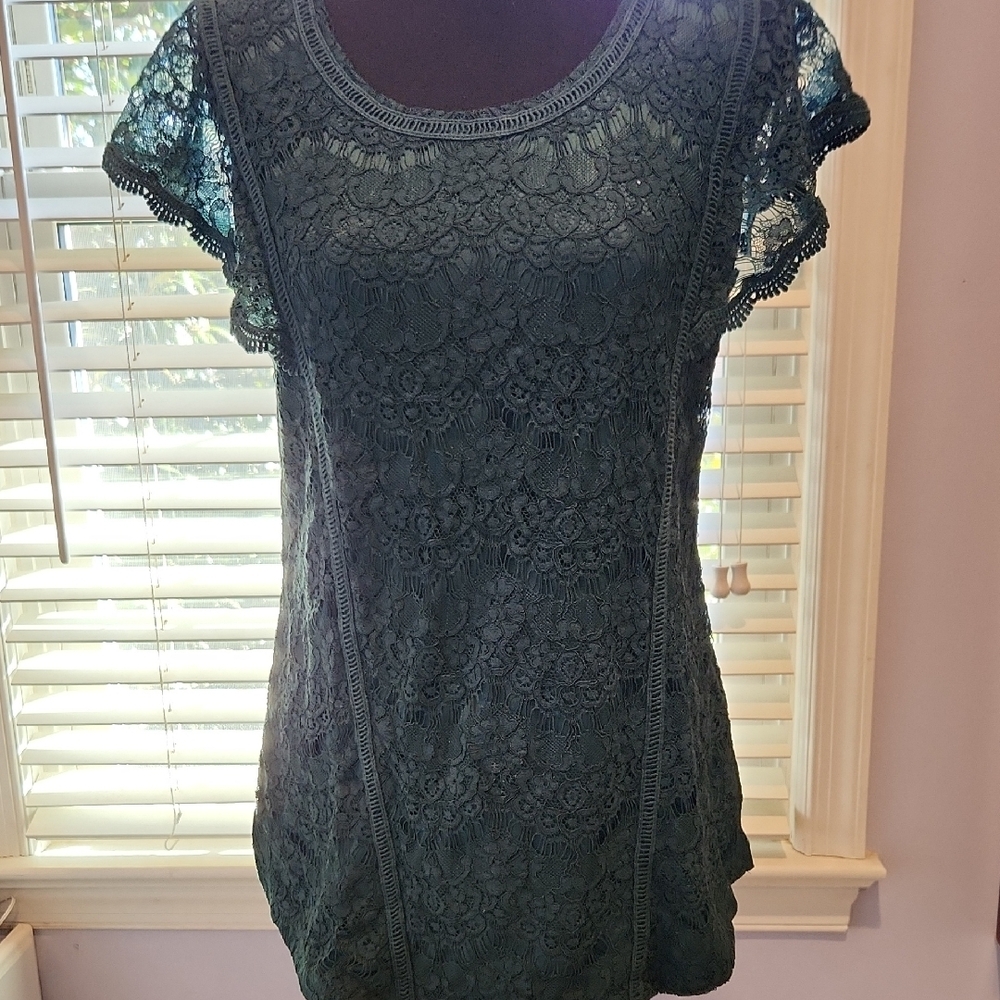 Isaac Mizrahi Deep Green Ruffled Cap Sleeve Blouse